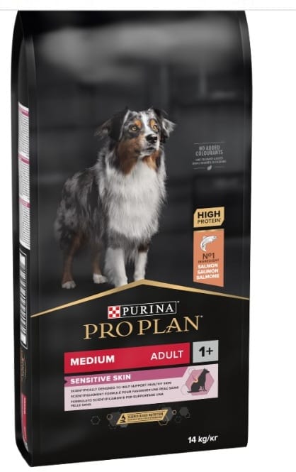 PRO PLAN SENSITIVE SKIN MEDIUM ADULT, DRY DOG FOOD WITH SALMON, 14 KG