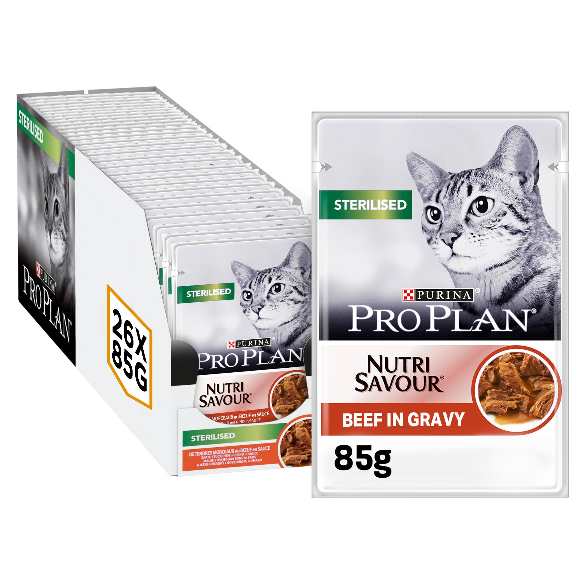 Purina Pro Plan Sterilised Wet Cat Food with Beef Grilled in Gravy, 26 x 85g